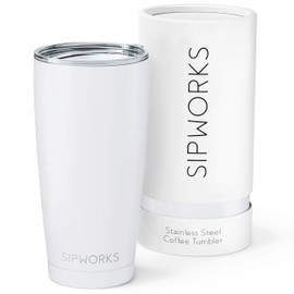 Sipworks Coffee Tumblers with Lids - 20z Stainless Steel Coffee Tumbler with Double Walled Vacuum Insulation for Hot & Cold Drinks - Spill Resistant Travel Insulated Coffee Tumbler - Arctic White