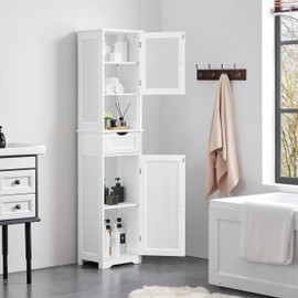 Yaheetech Tall Bathroom Storage Cabinet 67″, Wooden Floor Cabinet with Glass Door, Freestanding StorageOrganizer with Adjustable Shelves, 1 Drawer and Open Storage for Bathroom, Kitchen, Living Room