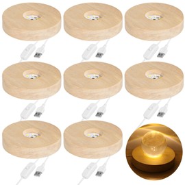 Tideme 8 PCS Wooden LED Light Bases - 3.9 Inch Diameter, 0.8 Inch Height, USB Powered, 3 Lighting Modes, Crystal Display Stand for Home Decor, Crafts, Art Glass