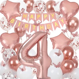 Nelotaor 4th Birthday Decorations for Girls, Rose Gold 40 Inch Age 4 Foil Birthday Balloons with Happy Birthday Banner and Butterfly Stickers, for Baby Shower, Girls Women Birthday Party