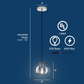 Linea di Liara Sferra Modern Large Glass Pendant Light Kitchen Island Brushed Nickel Pendant Lighting Clear Glass Globe Pendant Light Mid Century Hanging Light Fixture, LED Bulb Included, UL Listed