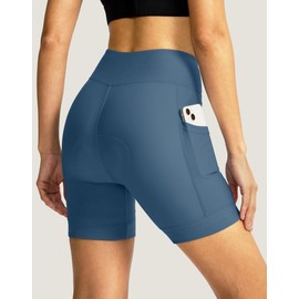 BIKEWA Women's Bike Shorts 4D Padded Cycling Shorts Crossover Waist Biking Shorts with Pockets Bicycle Riding, Blue Grey, Large