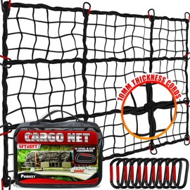 [Premium] 4'x6' Heavy Duty Cargo Net Stretches to 8' x 12', Extra Thick 10mm Cord Bungee Cargo Netting for Pickup Truck Bed, Roof Rack Net & 12 PCS Steel Carabiners