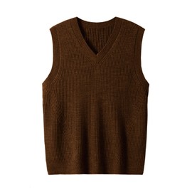 ZHILI Mens V-Neck Knitted Sweater Sleeveless Pullover Knitwear Vest Solid Plain Loose Fit All Match Sweater_Chocolate_Medium