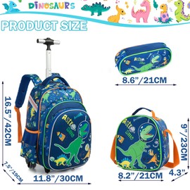 Meetbelify Boys Dinosaur Rolling Backpack Kids Backpacks with Wheels for School Bags Luggage