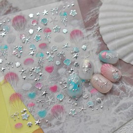 Summer Nail Art Stickers, 5D Embossed Ocean Nail Decals Silver Seashell Starfish Nail Stickers Jellyfish Heart Bow Pearl Nails Design Beach Nail Accessories for Women DIY Manicure Decoration 1 Sheet