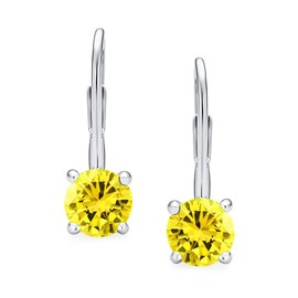 1CT Canary Yellow Solitaire Round Brilliant Cut Cubic Zirconia Lever back Drop Earrings Simulated Topaz Sterling Silver