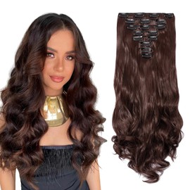 Dcbaboo Clip-In Hair Extensions Like Real Hair Curls 8 Wefts 45 cm Hair Extensions Clip-In Hair Extension Wavy Synthetic Wavy Long Dark Chestnut Brown