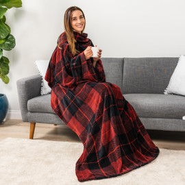 PAVILIA Plaid Red Fleece Wearable Blanket with Sleeves for Adults Women Men, Soft Warm Full Body Wrap Throw, Sweatshirt Pocket, Cozy Pullover Robe Blanket with Arm, Gifts for Christmas Mom Wife