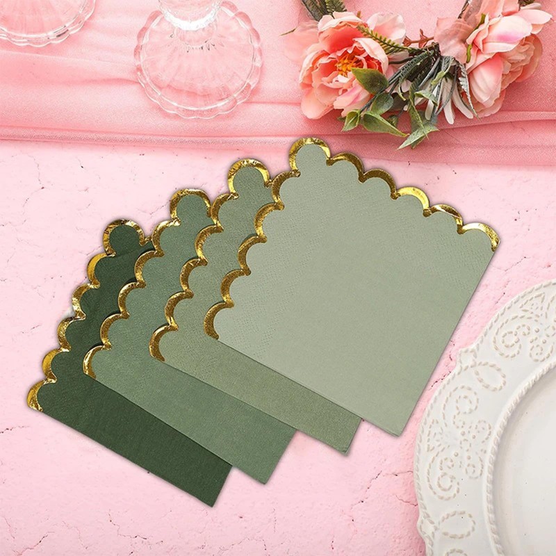 SUNTRADE Cocktail Napkins with Gold Foil, Green, Scalloped Edges, 100