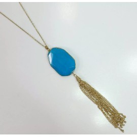 Fashion Jewelry N0256 Gold Color Blue Tone Faux Stone Chain Tassel Dangle Pendant Long Necklace