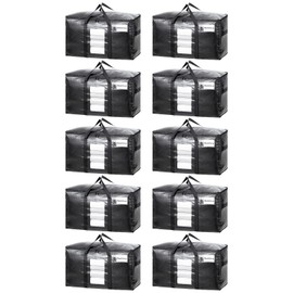 TAILI Extra Large Moving Bags, 10 Pack Black Heavy Duty Totes For Storage with Visible Window, Wrap Around Handles, Storage Bags for Space Saving, Alternative to Moving Boxes