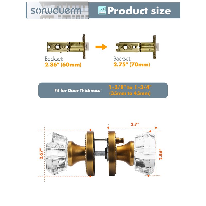 SORWDUERM Antique Brass Door Knobs Crystal Door Knob Interior Privacy
