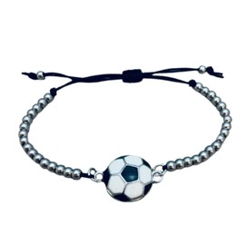 Soccer Bracelet, Soccer Jewelry, Adjustable Silver Beads on Black Strings Soccer Bracelet, Soccer Gifts For Women, Teens and Girl, 5 inches with 2 inch adjustable clasp, Nylon, no gem