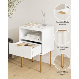 Masupu Masupu Nightstand,Mid-Century Modern Bedside Table with Storage Drawer and Open Wood Shelf,Small Gold Frame Side Table for Bedroom,Living Room,White