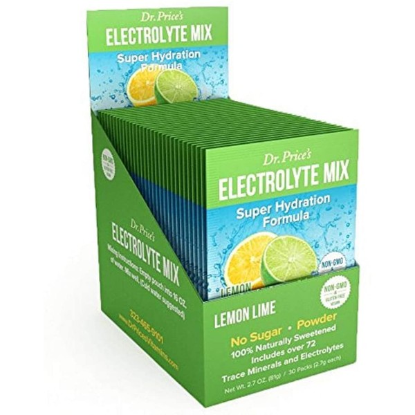 Dr. Price's Vitamins Electrolyte Mix Supplement Powder, 72 Trace Minerals, Potassium, Sodium, Electrolyte Replacement Keto Drink | Lemon-Lime 30 Packets | No Sugar, Keto, Vegan, Non-GMO, Gluten-Free