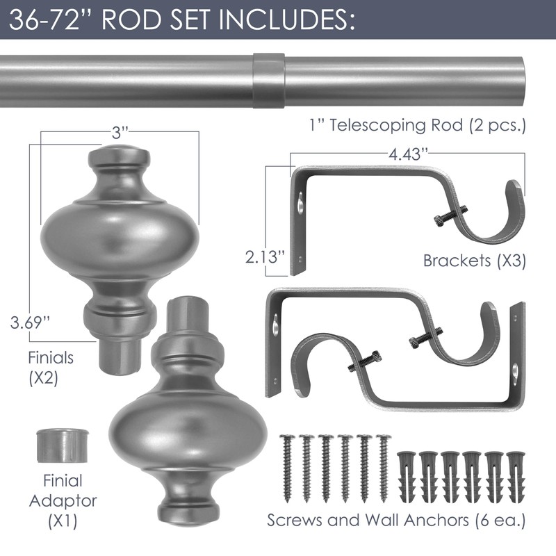 Cardiff 36-72 Inch Adjustable Curtain Rod Set, 1 Inch Diameter