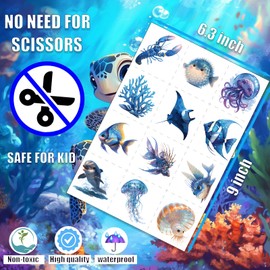 Tazimi Ocean Animals Pre-Cut Temporary Tattoos for Kids-108 Pcs Sea Creature Tattoo Stickers for Boys Girls Under the Sea Party Decorations Aquarium Activity Fish Tattoos Birthday Party Favors