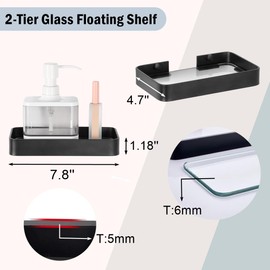 Z metnal Small Glass Bathroom Shelves, Matte Black Floating Shelf, Mini Wall Shelf Organizer, Wall Mounted (Clear Glass, 8 inch/20cm)