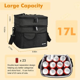 Large Insulated Lunch Box for Women and Men, Double-Layer Leak-Proof Reusable Lunch Bag with 4 Pockets for Adults, Lunch Bag Cooler Tote for Office Work and Travel, BLACK