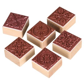 Square Stamps Flower Pattern Stamp Wooden Rubber Stamp Flower Motif Stamp DIY Craft Clay Picture Making Ornaments for Scrapbooking Photo Album and Invitation Cards Wedding (Pack of 6) 1
