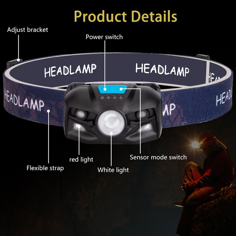 Outdoor USB Rechargeable LED Fishing Headlamp Finger Sensing Waterproof Headlight