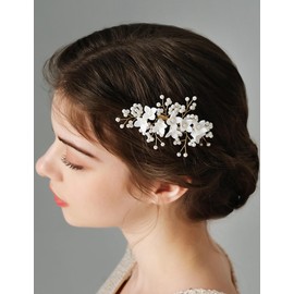 Teyglen Floral Pearl Bride Wedding Hair Comb with Flower Headpiece Bridal Flower Hair Comb for Wedding Hair Acceessories for Women Gold Silver Flower Hair Piece (Gold)