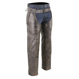 Men's Distressed Brown Leather 4 Pocket Chap w/Triple Stitch Detailing & Removable Thermal Liner (Small)