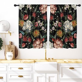 Coxila Floral Kitchen Window Curtains 27.5 x 39 Inch Small Short Mini Cafe Rod Pocket Vintage Boho Black Dark Flower Living Bedroom Room Home Treatment Set of 2 Curtain Panels Drapes Tiers