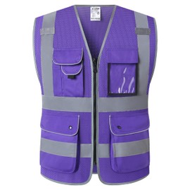 JKSafety 9 Pockets High Visibility Safety Vest for Men and Women, Hi-Vis Reflective Purple Safety Vests with Zipper Front, Meet ANSI/ISEA Standards (159-Purple L)