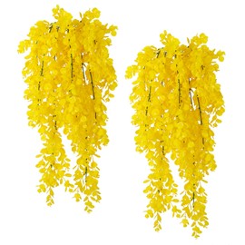 RECUTMS 4 Pack Artificial Hanging Plants Fake Eucalyptus Leaf Greenery Vine Plant UV Resistant Plastic Wall Decor for Ivy Patio Office Shelf Wedding (Pure Yellow)