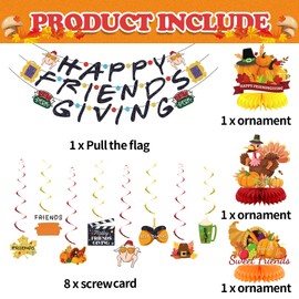 Friendsgiving Party Decorations,Happy Friendsgiving Banner Hanging Swirls and Table Decorations Honeycomb Centerpieces for Thanksgiving Holiday Decor, Autumn Party Decorations