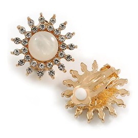 Crystal Natural Acrylic Stone Floral Clip On Earrings in Gold Tone/25mm D