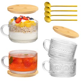 GUUTRY Vintage Coffee Mugs Set of 4: Glass Coffee Cups with Bamboo Lids and Spoons - 14 Oz Clear Embossed Glassware Tea Cups - Iced Coffee Glasses, Coffee Bar Accessories