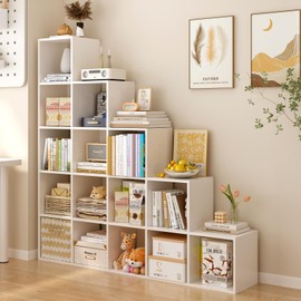 OSCHF Ladder Cube Storage Bookcase - Wooden L-Shaped 5-Tier Corner Shelf, Reversible 15-Cube Organizer for Home & Office, White