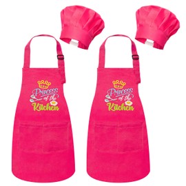 R HORSE Kid Apron and Chef Hat Set - 4Pcs Rose Red Adjustable Children Kitchen Toddler Apron for Girls Role Play Chef Toy Cooking Baking Painting and Training Kit Kid Funny Cooking Gift Birthday Gift
