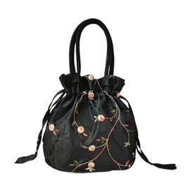 Rosesky Handbag, Embroidery, Drawstring Pouch, Hakama, Yukata, Kimono, Kimono, Shichi-Go-San Ceremony, Graduation Ceremony, Women's, Outing, Festival, Gift, Casual, Stylish, Cute, Elegant, Black