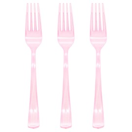 50 Pcs Clear Pink Plastic Forks, Pink Plastic Silverware, Heavy Duty Plastic Cutlery Set Disposable Utensils Sets for Brithday, Wedding, Baby Shower, Bridal Shower
