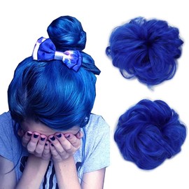 LaLuLoLi Hair Extension Curly Up Do Blue Color Synthetic Hair Messy Bun Extensions Wavy Elastic Chignon Bun Hairpieces Hair Extensions for Women Girl Cosplay #2517 2pcs/package