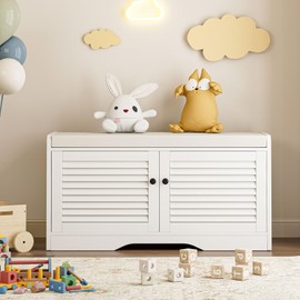 Bewyn Shoe Storage Bench with Padded Seat Cushion, Classic Louvre Doors Shoe Bench for Entryway, Living Room, Bedroom, 13.7" Dx36.6 Wx18.3 H,White