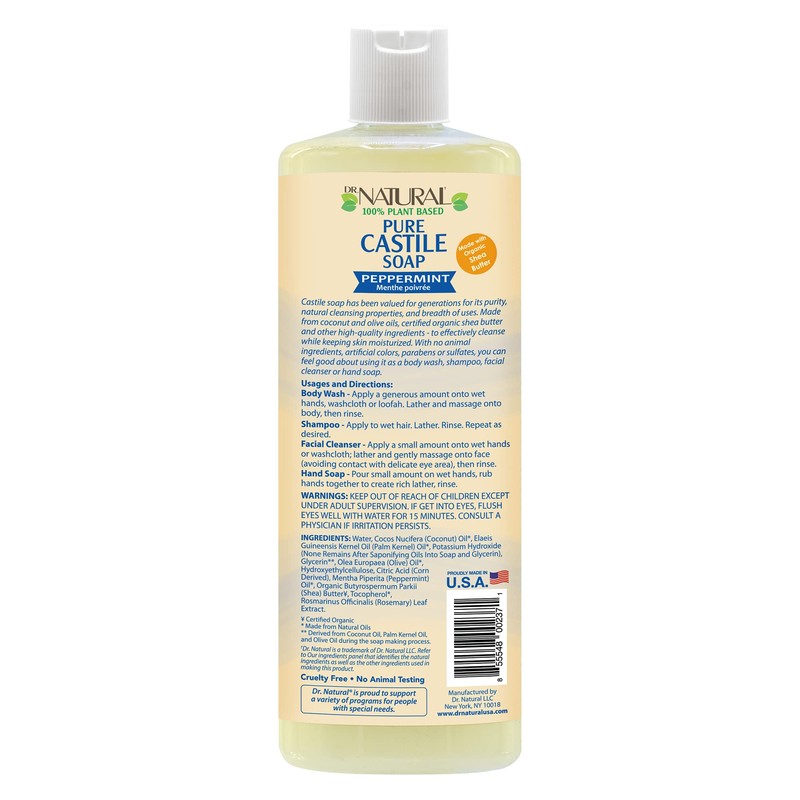Dr. Natural Castile Liquid Soap, Peppermint, 32 oz - Plant-Based