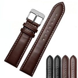 Strapseeker Jaxon Top Grain Calf Leather Strap Silver Buckle- Premium Watchband Replacement for Men & Women- Classic Wristwatch Band Brown Leather with White Thread, 20mm