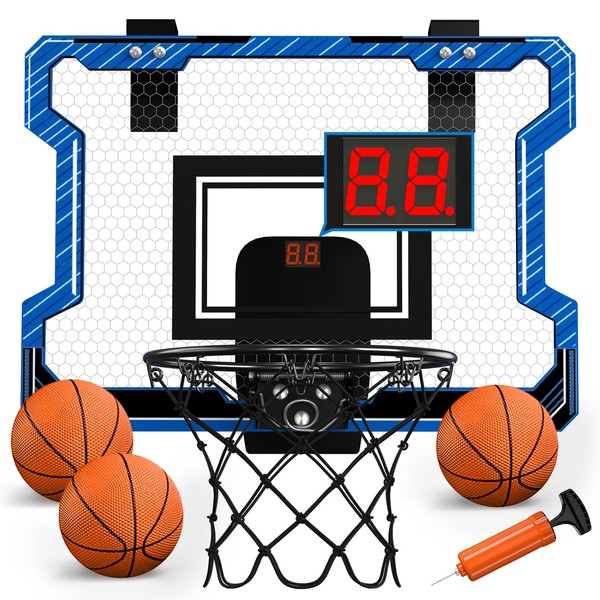 HYES Mini Basketball Hoop Indoor with Scoreboard, Door Basketball Hoop with 3 Balls & Inflator, Basketball Toy Gifts for Kids Boys Girls Teens Adults, Suit for Bedroom/Office/Outdoor/Pool, Blue