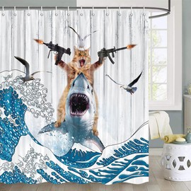 Funny Cat Shower Curtain Set Cat Riding Shark Theme Ocean Shower Curtains for Bathroom Fun Nautical Kids Shower Curtain Bathroom Decor Polyester Fabric Shower Curtain Set with Hooks(72X72), White