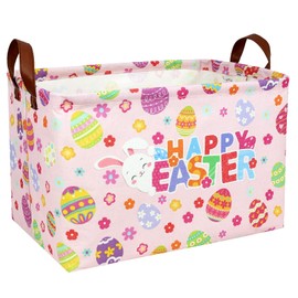 ASKETAM Pink Easter Basket for Kid Large Empty Baby Rectangular Cute Easter Gift Storage Basket Bunny Eggs Décor (Pink Rabbit Flower)