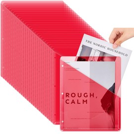 Seajan 100 Pcs Binder Pockets for 3 Ring Binder Clear Plastic Folders Sleeves 3 Hole Punch Document Dividers Poly Slash File Jacket Organizer with 2 Pockets for Office School(Red)