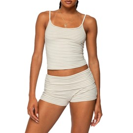 RUEWEY Women Y2k Pajama Set Striped Sleeveless Crop Cami Top Lounge Shorts PJS 2 Piece Matching Sleepwear (Yellow, M)