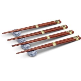 Colorful Series ASIATICA Chopstick Set Traditional Japan & Blue Waves 4 Pairs Wooden Chopsticks with Ceramic Shelves High-Quality Chopstick Set for Sushi and Asian Dishes (Blue Waves)