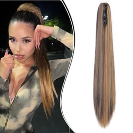 Dcbaboo Ponytail Hairpiece, Braid Extension with Clip, Straight, Long Ponytail Extensions, Hair Extension Clip, Synthetic Straight Ponytail Hair Extension Braid, 55 cm, Dark Blonde & Medium Brown