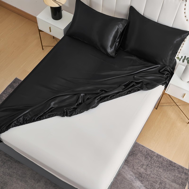 DuShow Fitted Sheet-Deep Pocket Satin Silky Bed Sheet,Breathable Soft and